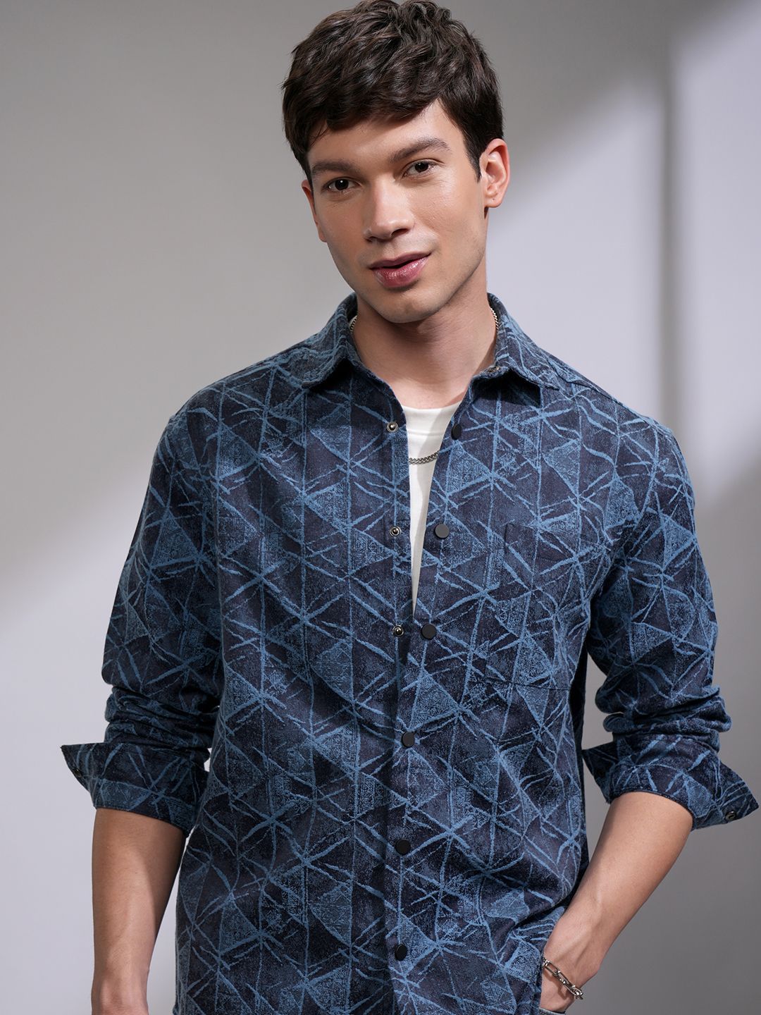 HIGHLANDER Men Brushed Jacquard Textured Spread Collar Relaxed Overshirt