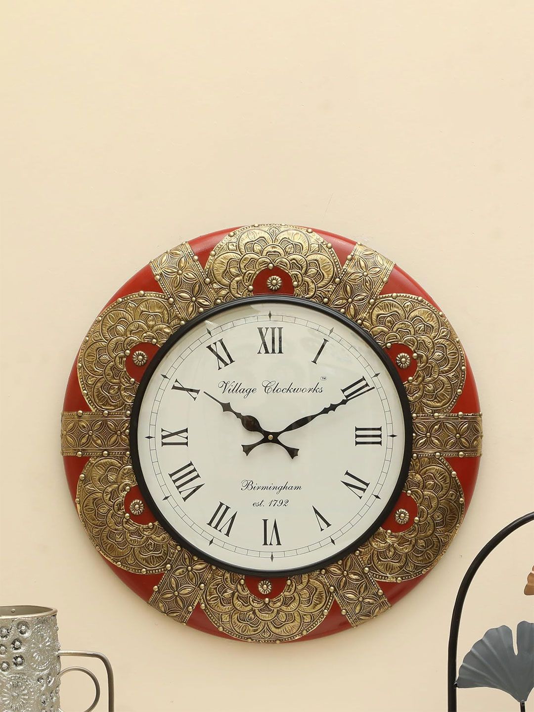 vedas C-Loop White & Gold-Toned Round Shaped Wooden Heritage Polished Wall Clock