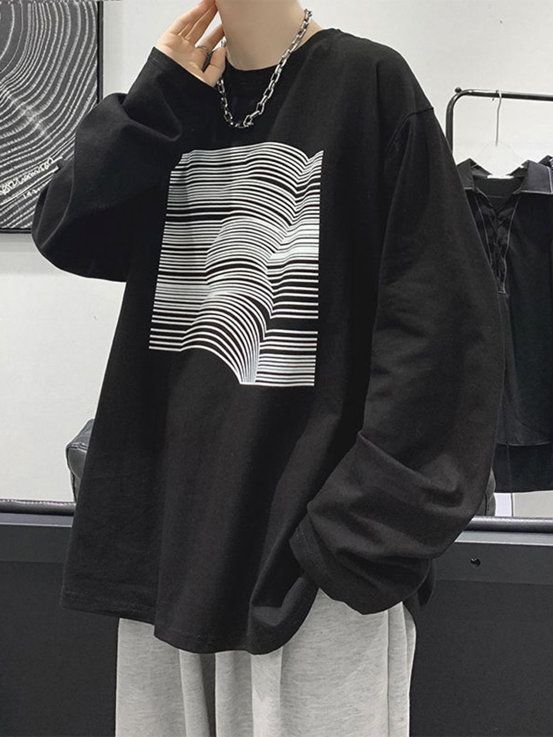 HERE&NOW Men Striped Round Neck Oversized T-shirt