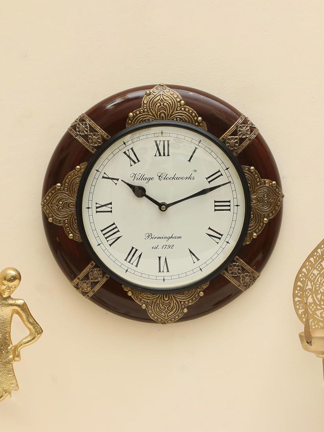 vedas C-Duffy Brown & White Round Shaped Heritage Wooden Polished Wall Clock