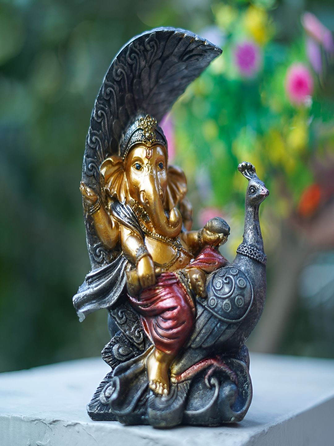 Craftlayout Sitting On Peacock Lord Ganesh Gold Polyresin Natural Prayer Room Small Showpiece - 12 Inches