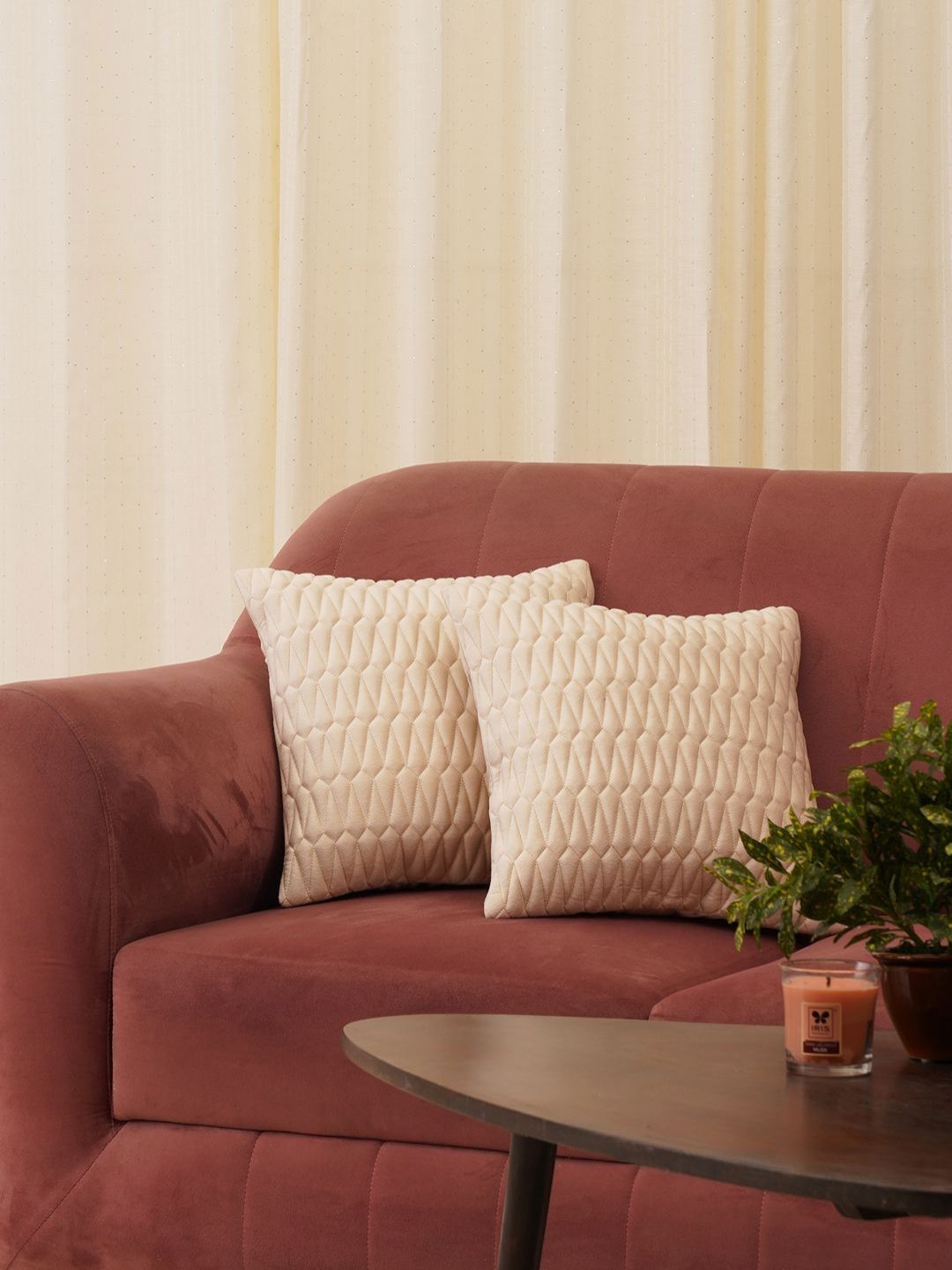 HOME 360 HOME 360 Beige 2 Pieces Geometric Textured Velvet Square Cushion Covers