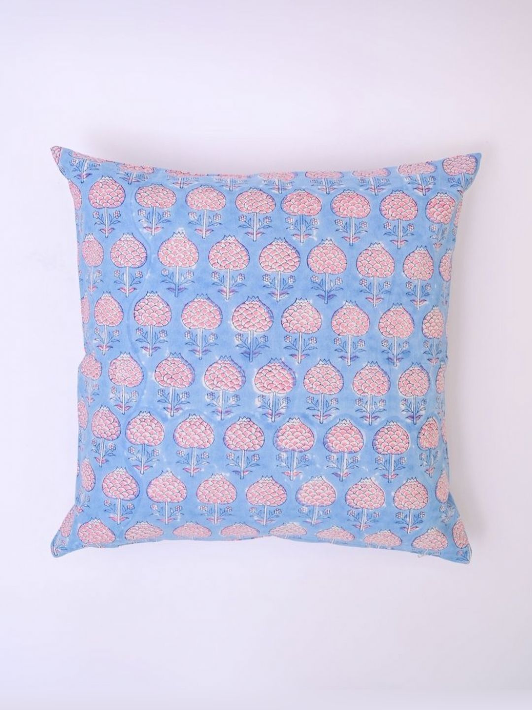 Block N Style Turquoise Blue And Pink Floral Printed Cotton Square Cushion Cover