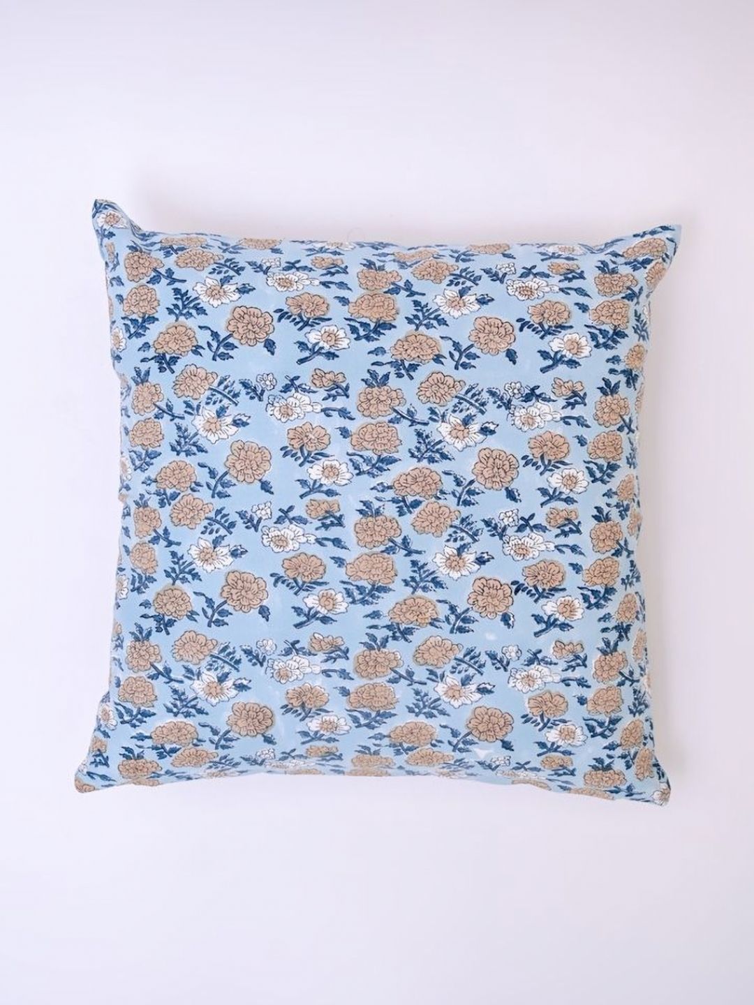 Block N Style Printed Turquoise Blue Floral Polyester Silk Washable Cushion Cover -16x16In