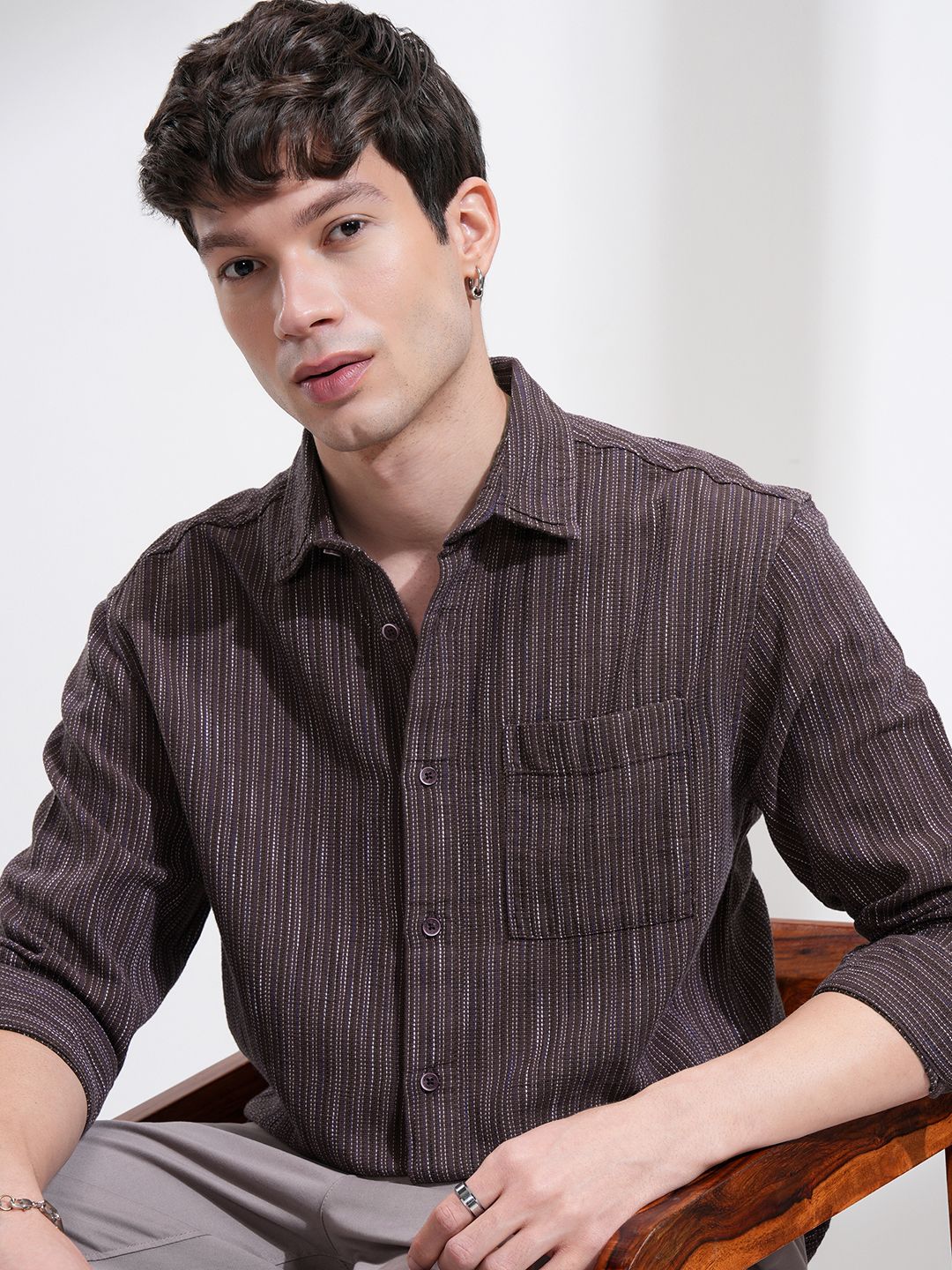 HIGHLANDER Men Relaxed Fit Spread Collar Textured Cotton Casual Shirt