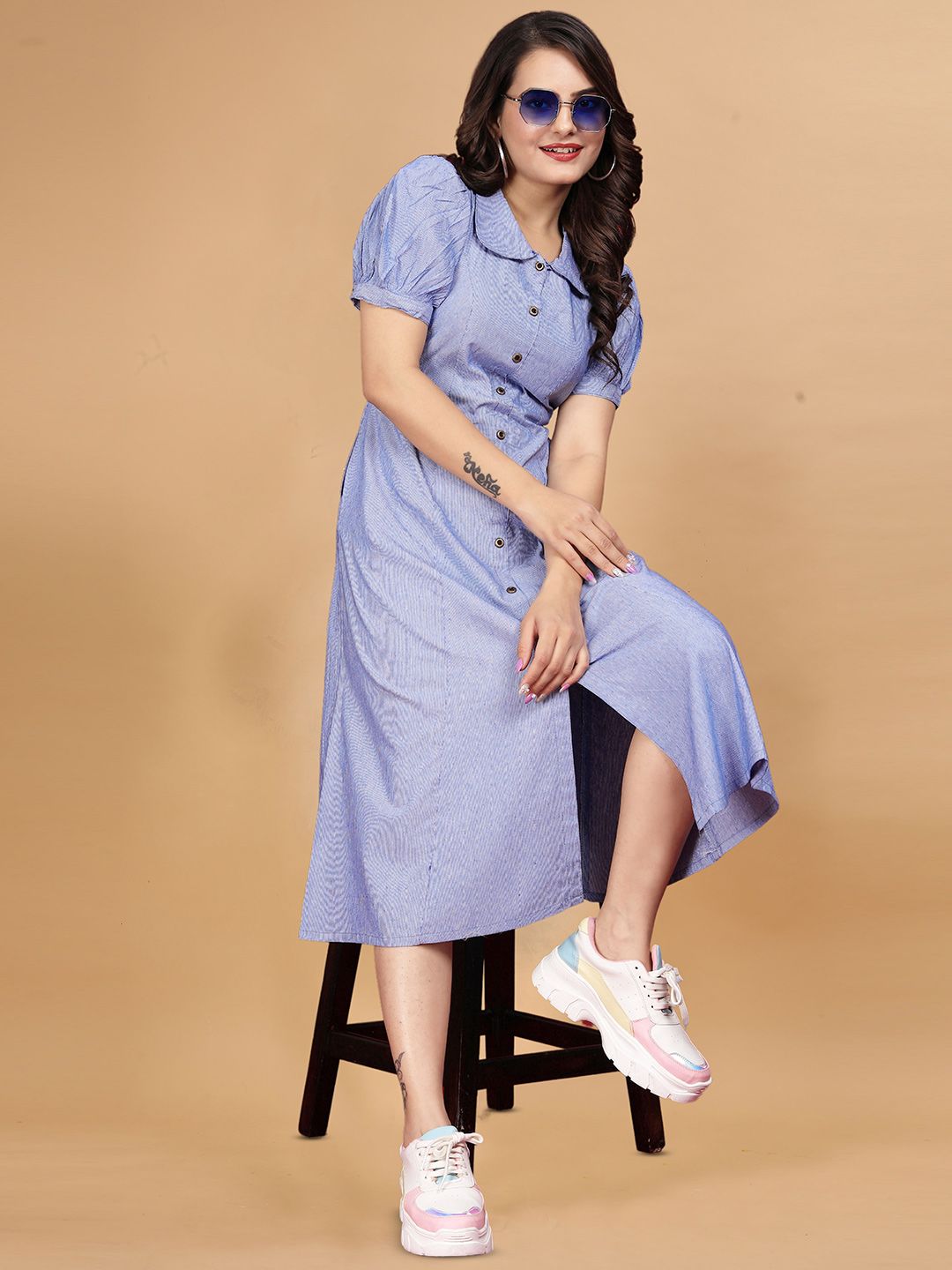 QENA Women Peter Pan Collar Cotton Shirt Midi Dress