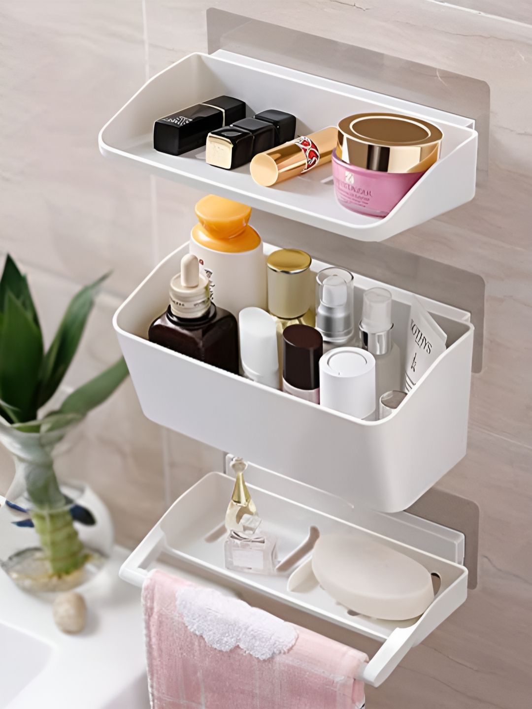 HOKIPO White 3 piece Solid Plastic Bathroom Caddy