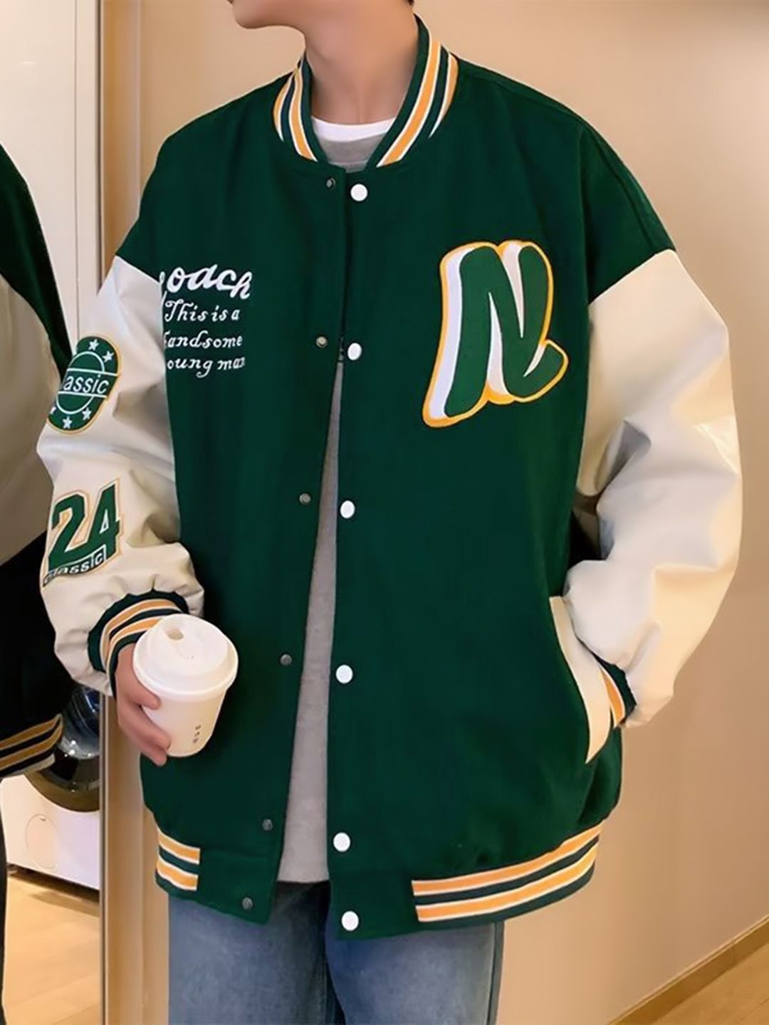HERE&NOW Men Stand Collar Typography Printed Cotton Casual Varsity Jacket