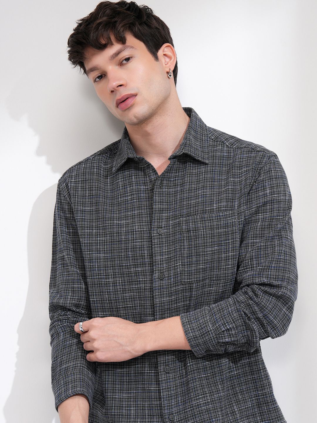 HIGHLANDER Men Spread Collar Textured Cotton Casual Relaxed Fit Shirt