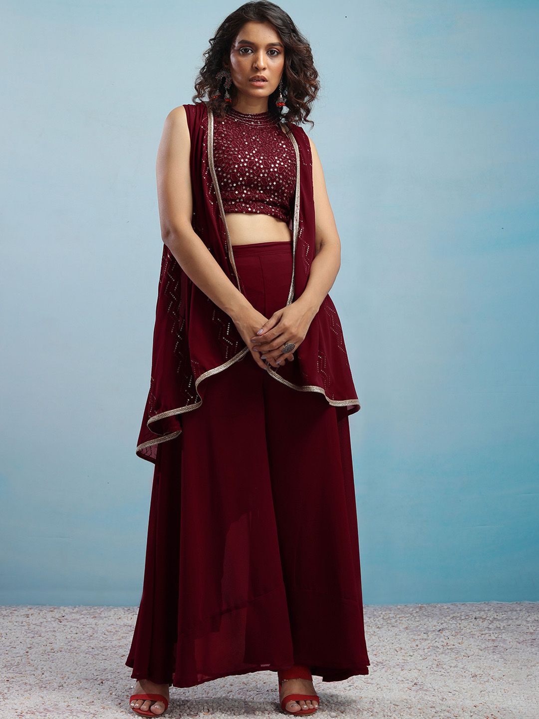 SANCIA Embroidered Halter Neck Crop Top with Palazzos & Dupatta