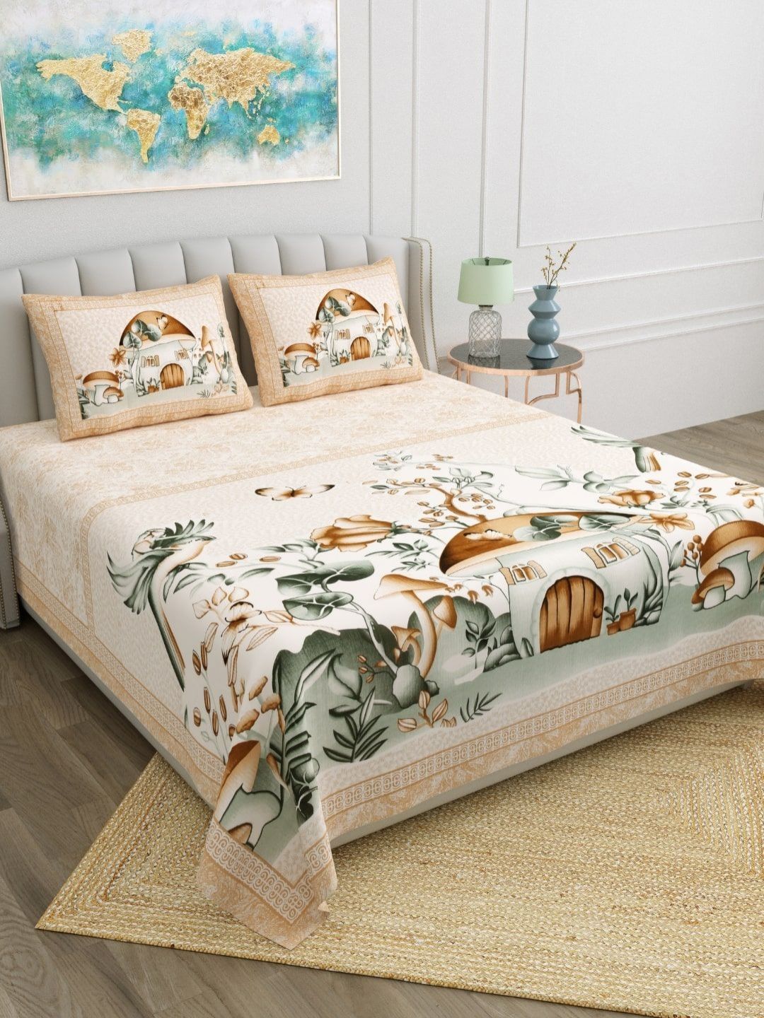 JAIPUR FABRIC Jaipuri Peach Conversational Cotton 180 TC King Fine Bedsheet with 2 Pillow Covers-108 x 90 inches