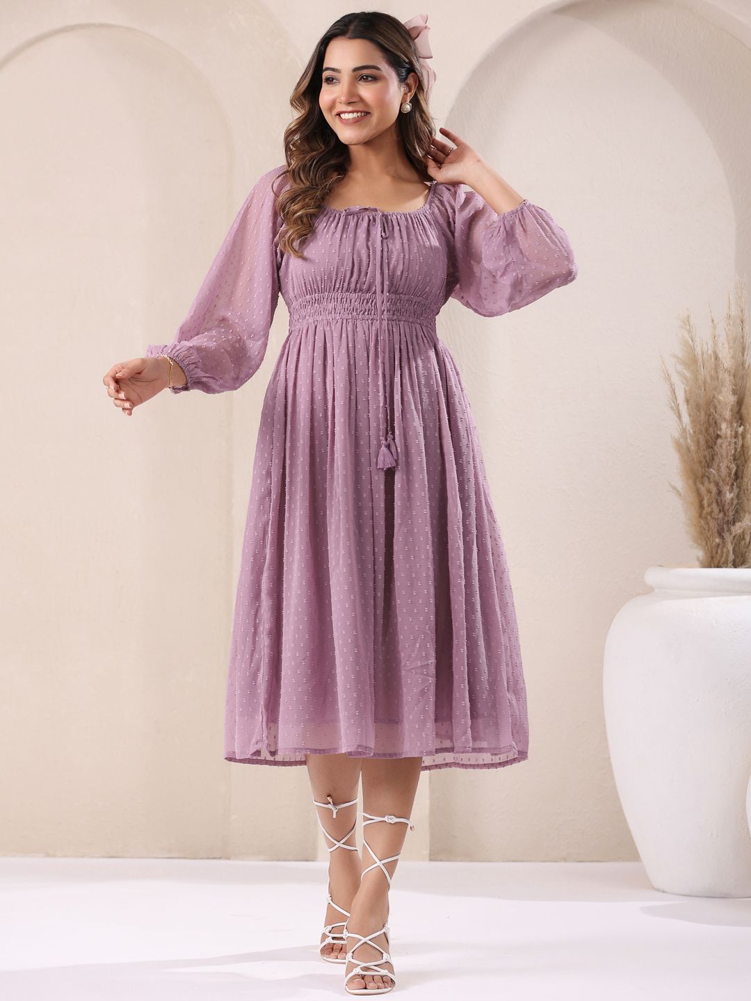 Buy Janasya Women Lavender Dobby Chiffon Self Design Fit & Flare