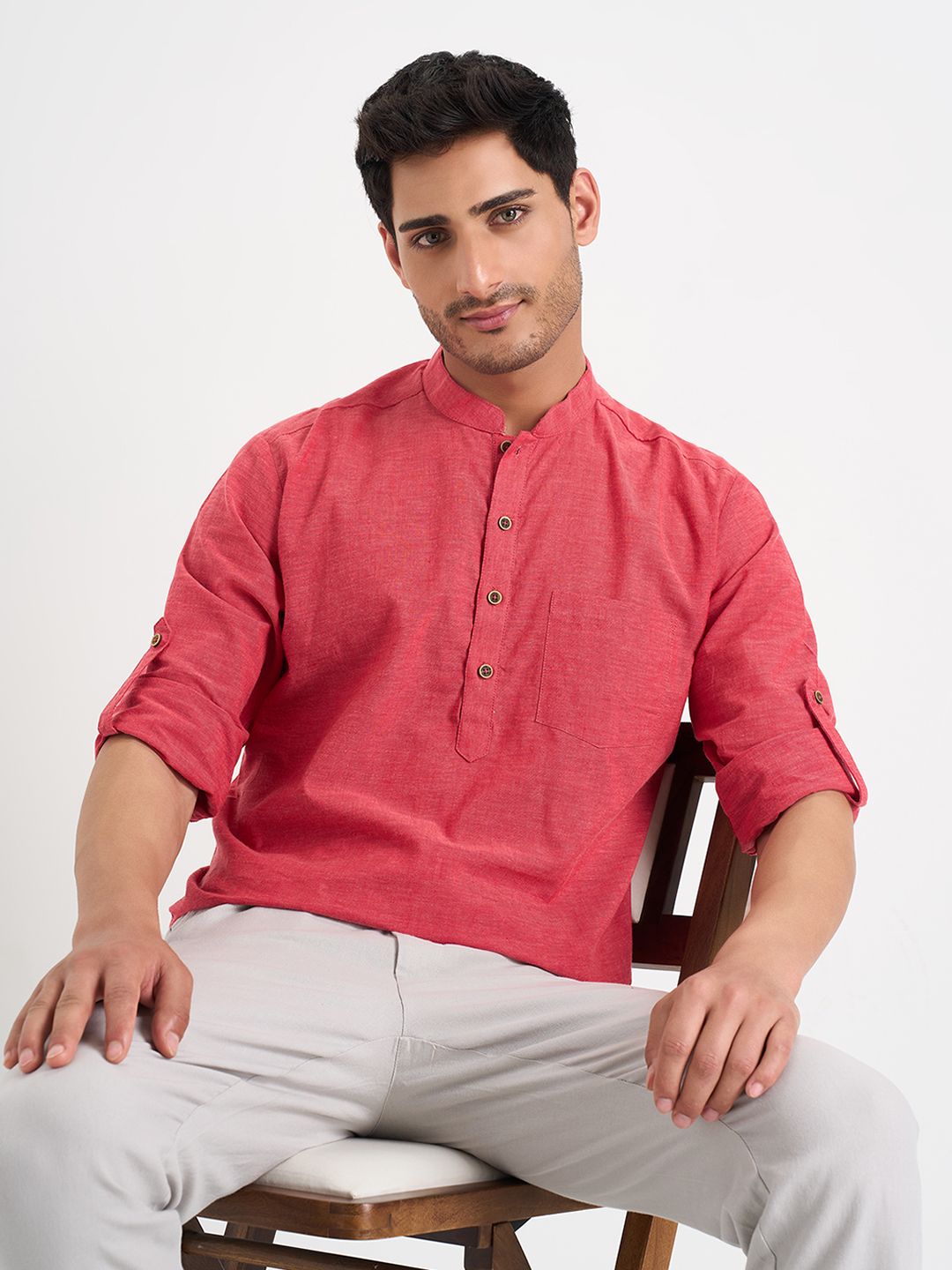 indus route by Pantaloons Mandarin Collar Pure Cotton Straight Kurta
