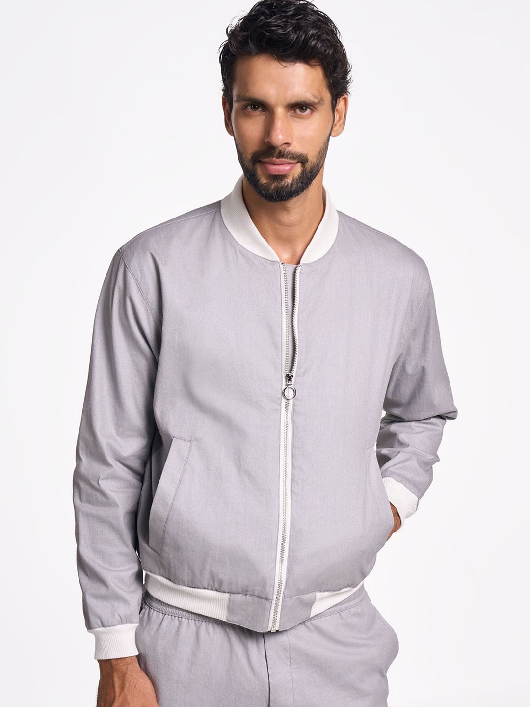 Terra Luna Men Spread Collar Solid Cotton Casual Bomber Jacket