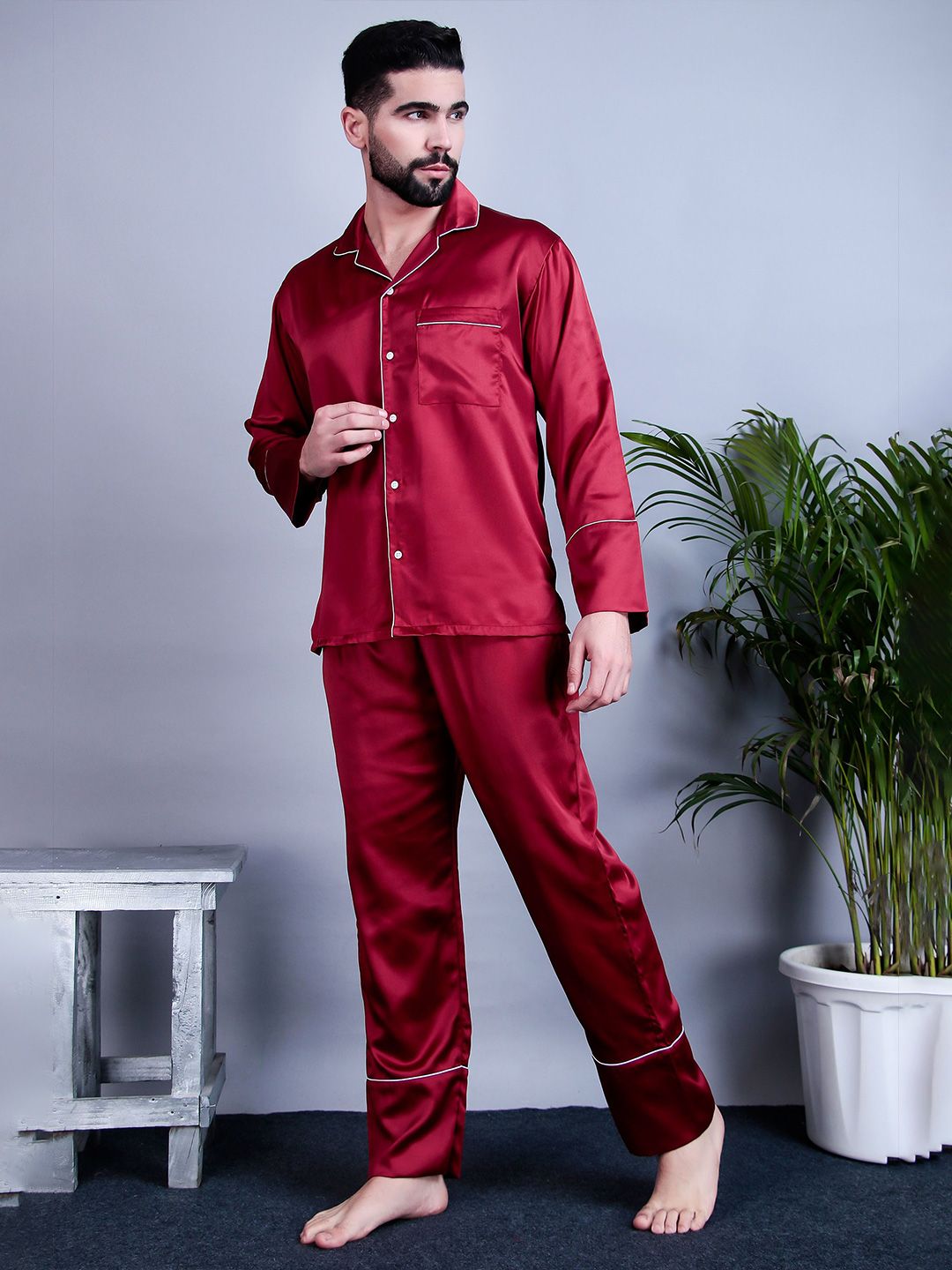silk night dress for men Men's Luxury Silk Pajamas Set Crane Print Mulberry Silk Sleepwear