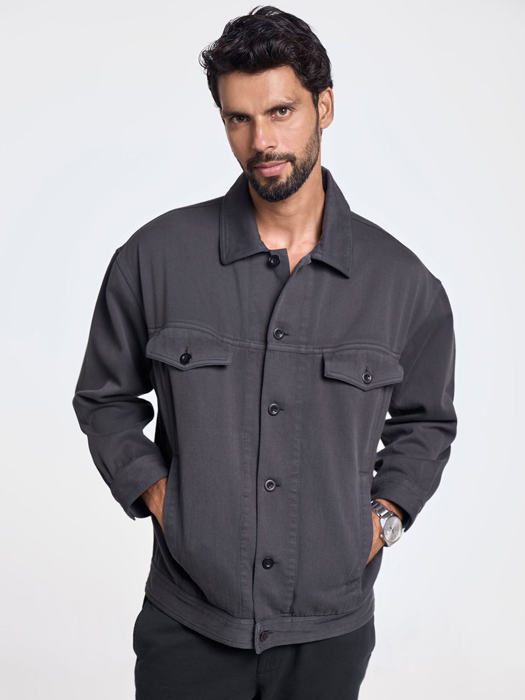 Terra Luna Men Spread Collar Solid Cotton Casual Bomber Jacket