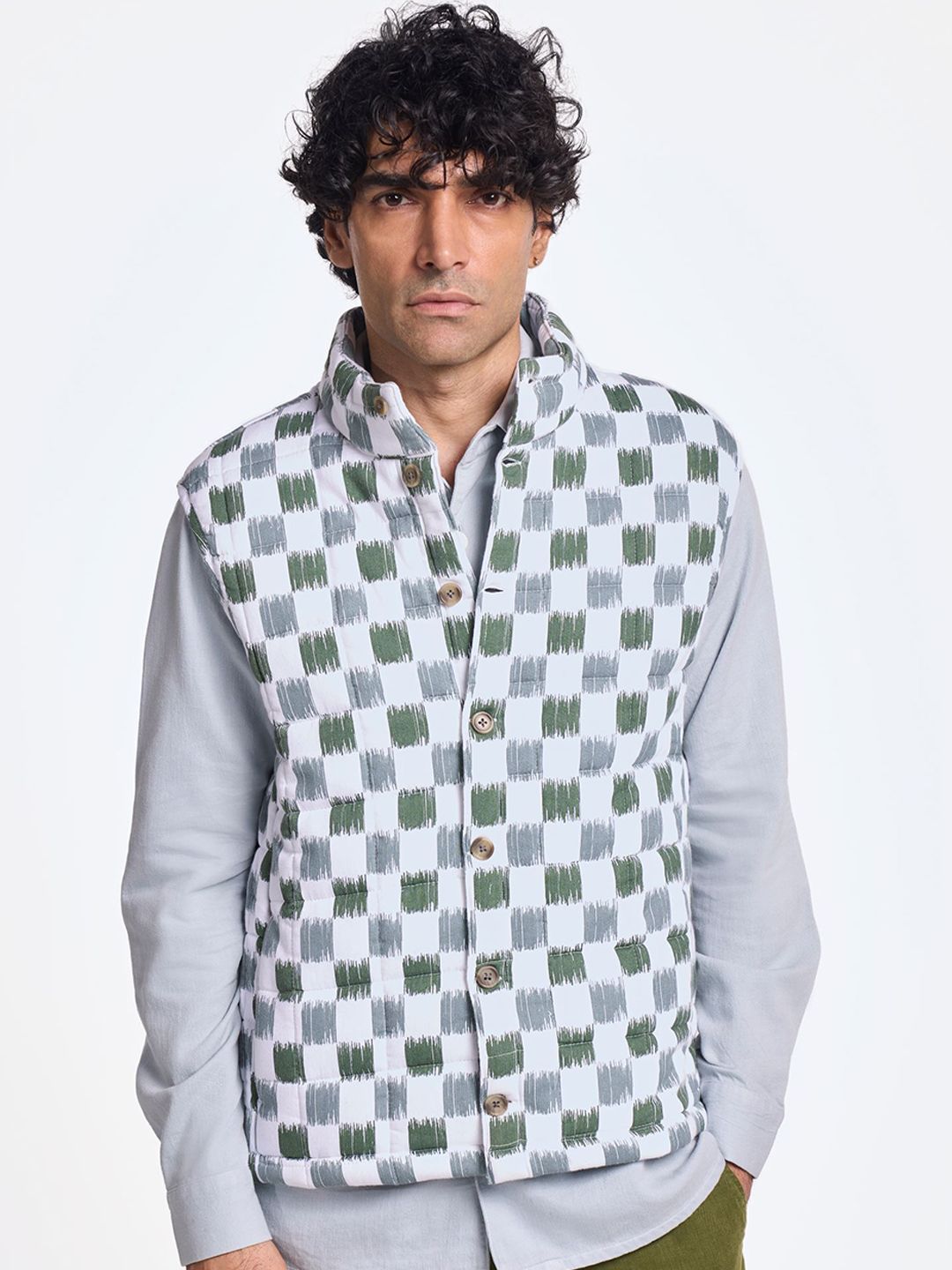 Terra Luna Men Mandarin Collar Checked Cotton Casual Gilet Jacket