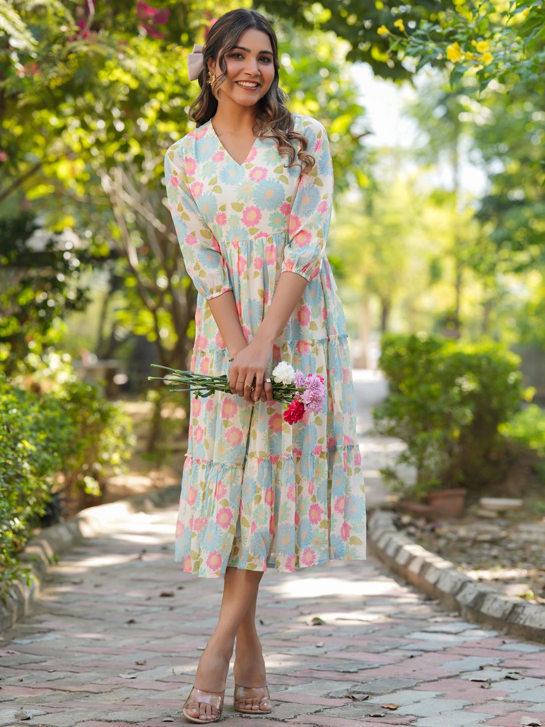 Janasya Women Cream Georgette Floral Printed Tiered Dress
