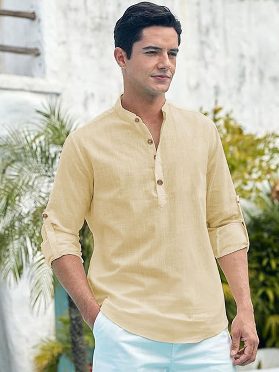 Vida Loca Cotton Band Collar Slim Fit Short Kurta