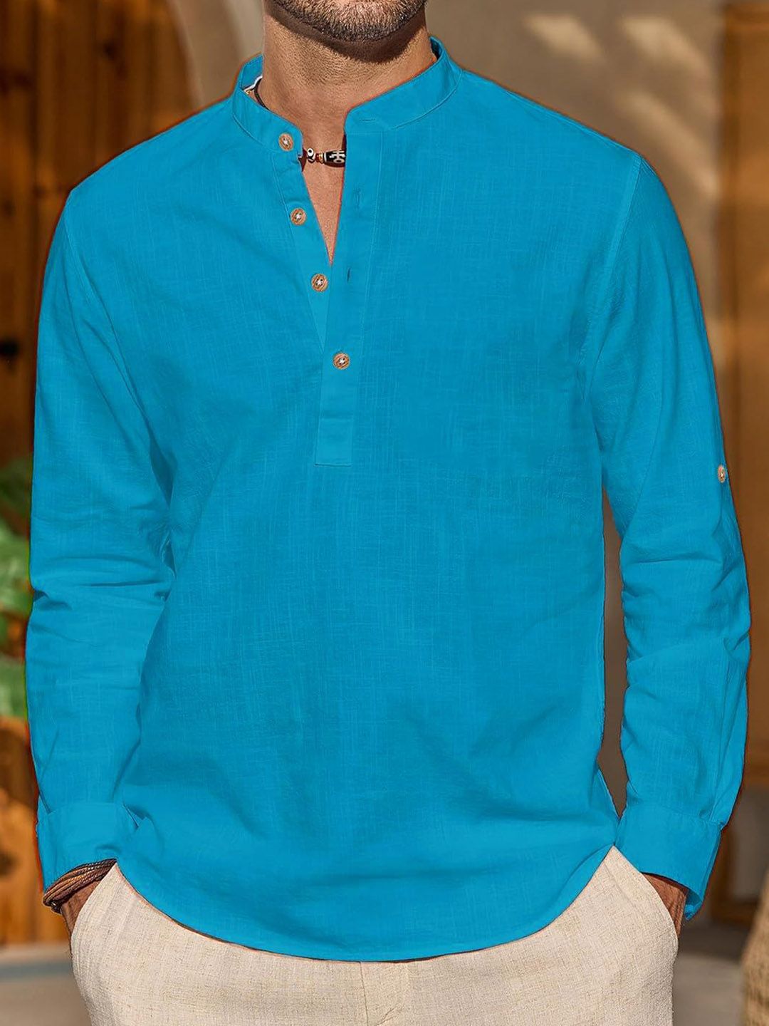 Vida Loca Cotton Band Collar Slim Fit Short Kurta