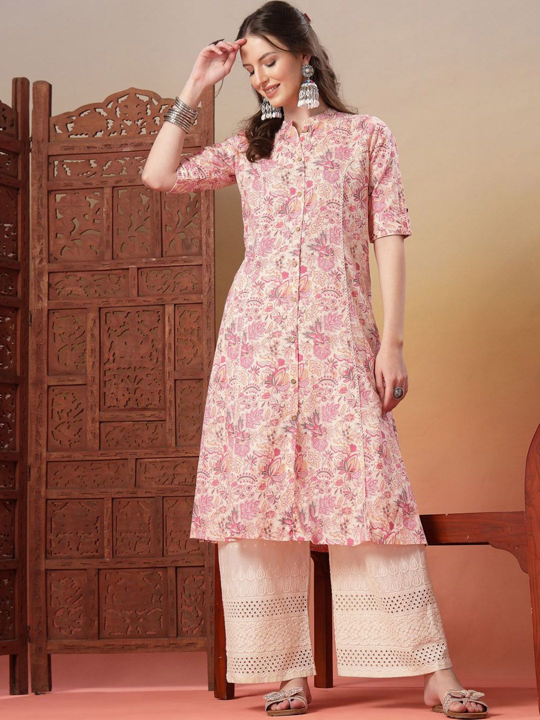 Stylum Stylum Floral Printed Mandarin Collar Pure Cotton A-Line Kurtas