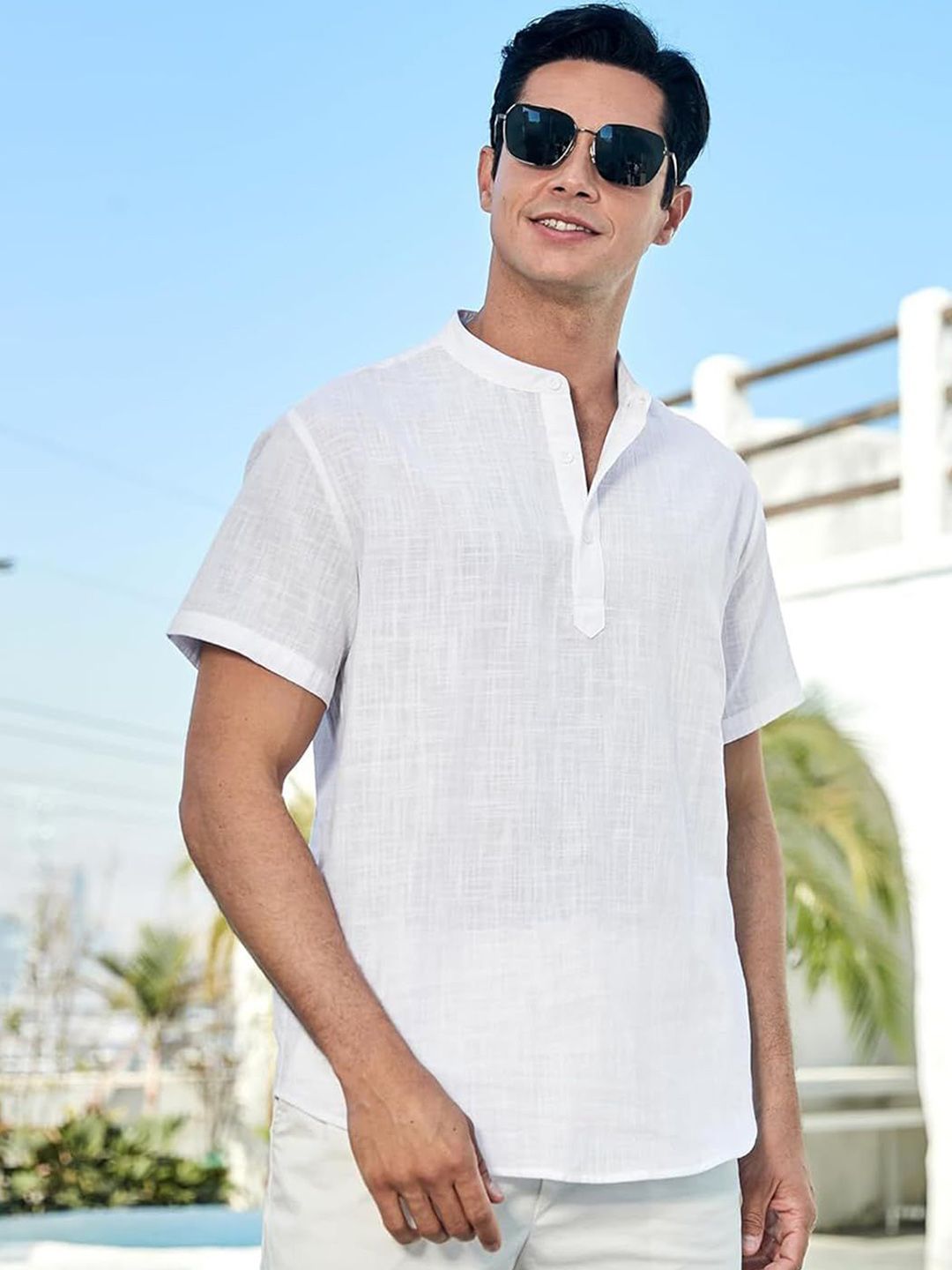 Vida Loca Cotton Band Collar Slim Fit Short Kurta
