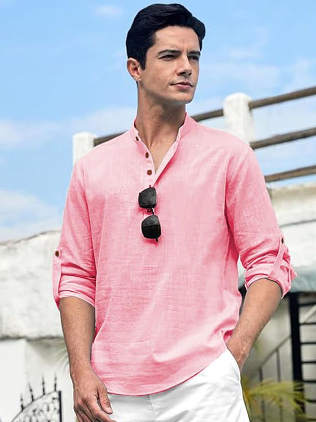 Vida Loca Band Collar Cotton Straight Slim Fit Short Kurta