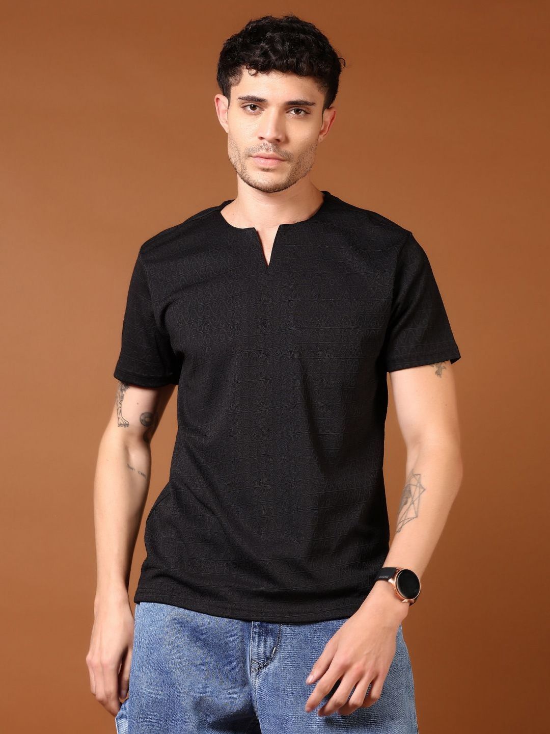 V-Mart Men Self Design Mandarin Collar Cotton T-shirt