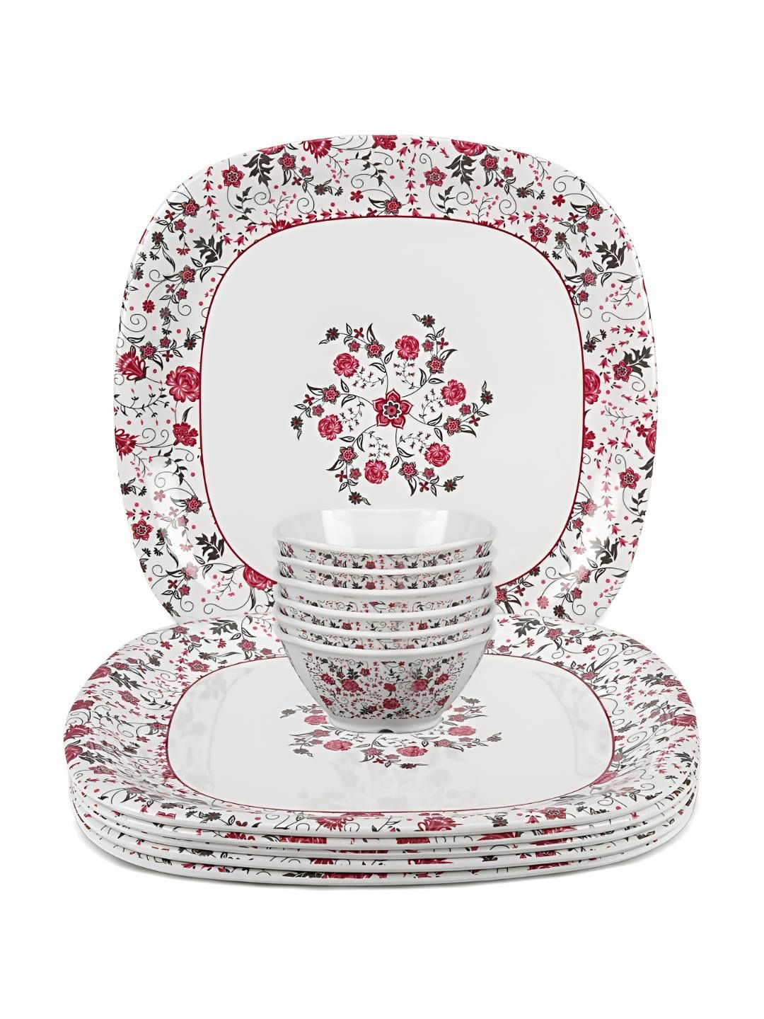 Bataniya White Floral Melamine Microwave Safe 12 Piece Dinner Set