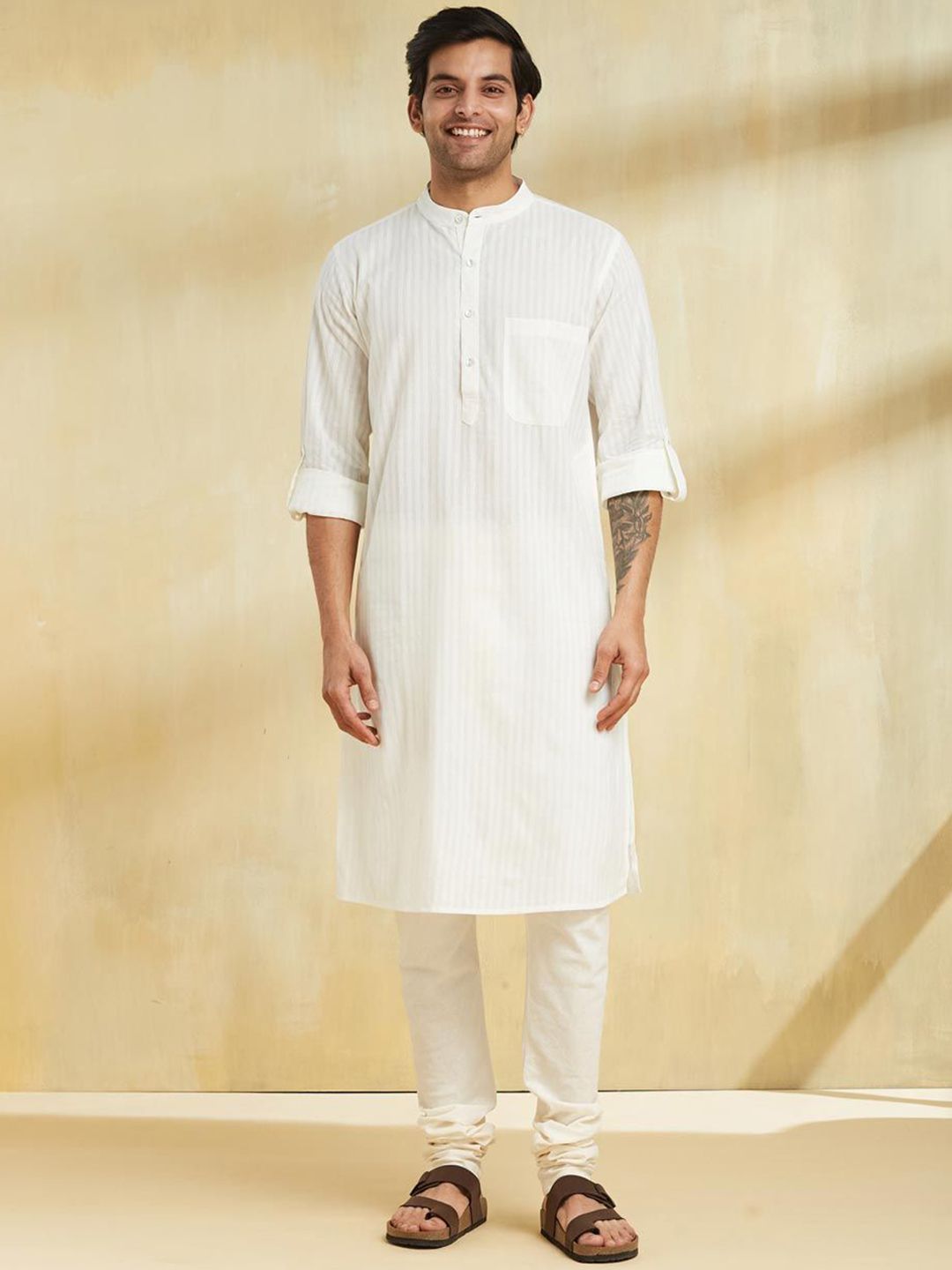 Fabindia Striped Mandarin Collar Cotton Straight Kurta
