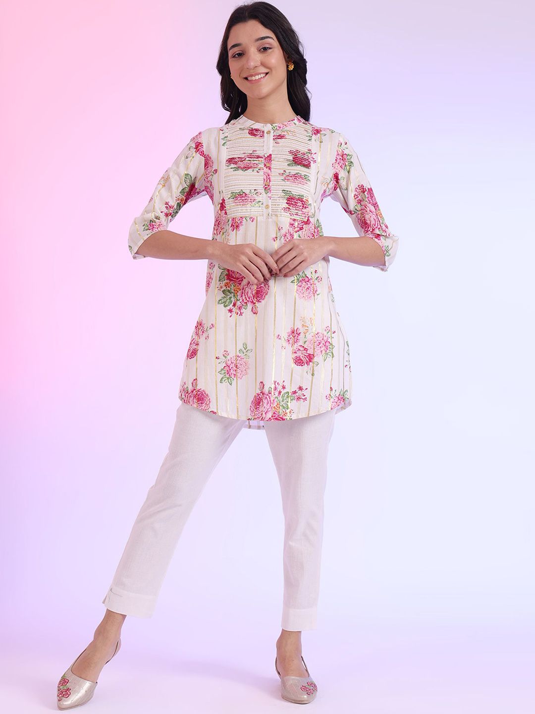 AURELIA Floral Printed Band Collar A-Line Kurti