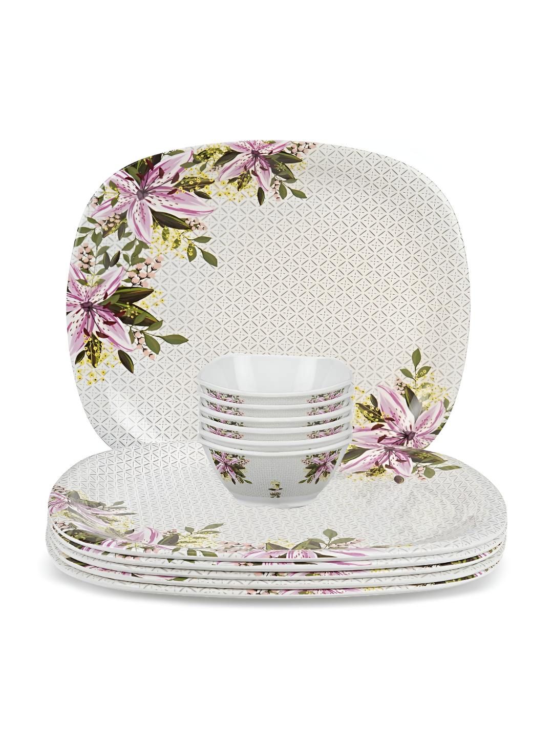 Bataniya White Floral Melamine Microwave Safe 12 Piece Dinner Set