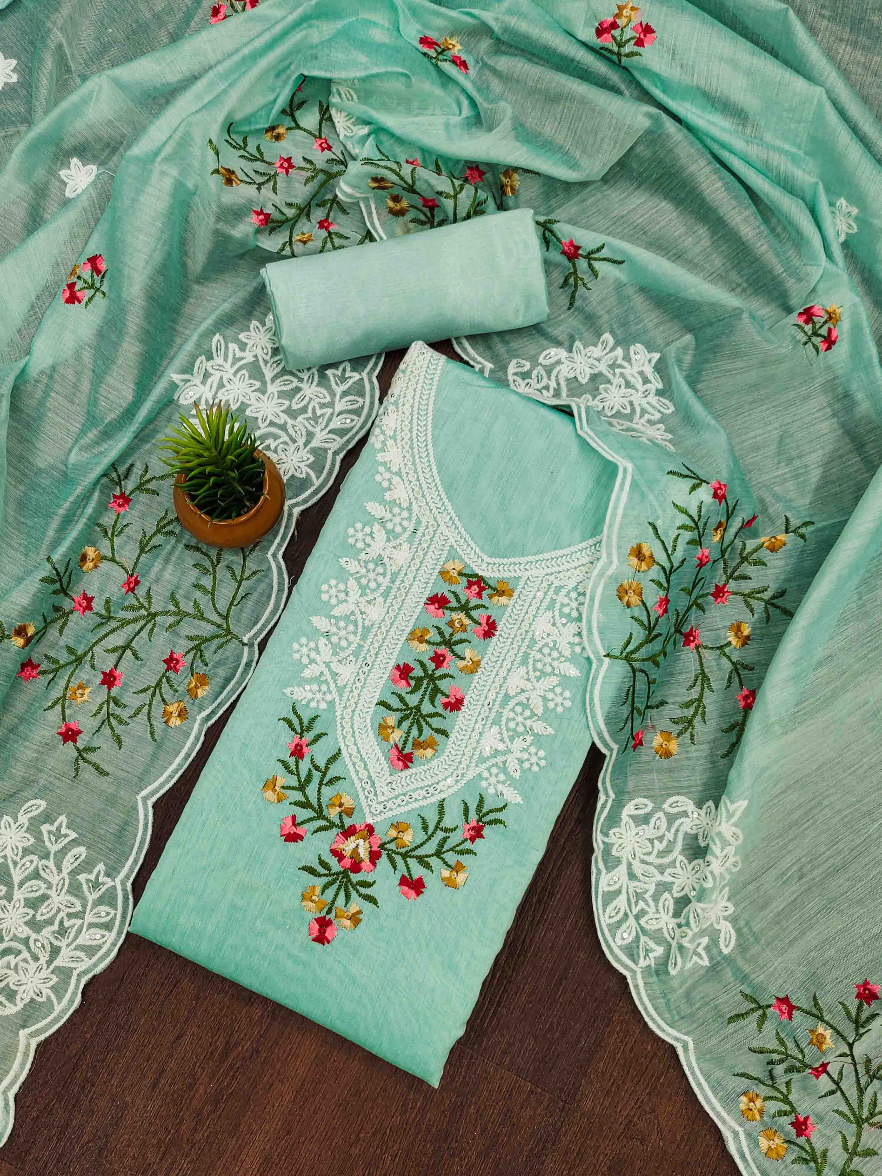 Blissta Floral Embroidered Chanderi Cotton Unstitched Dress Material
