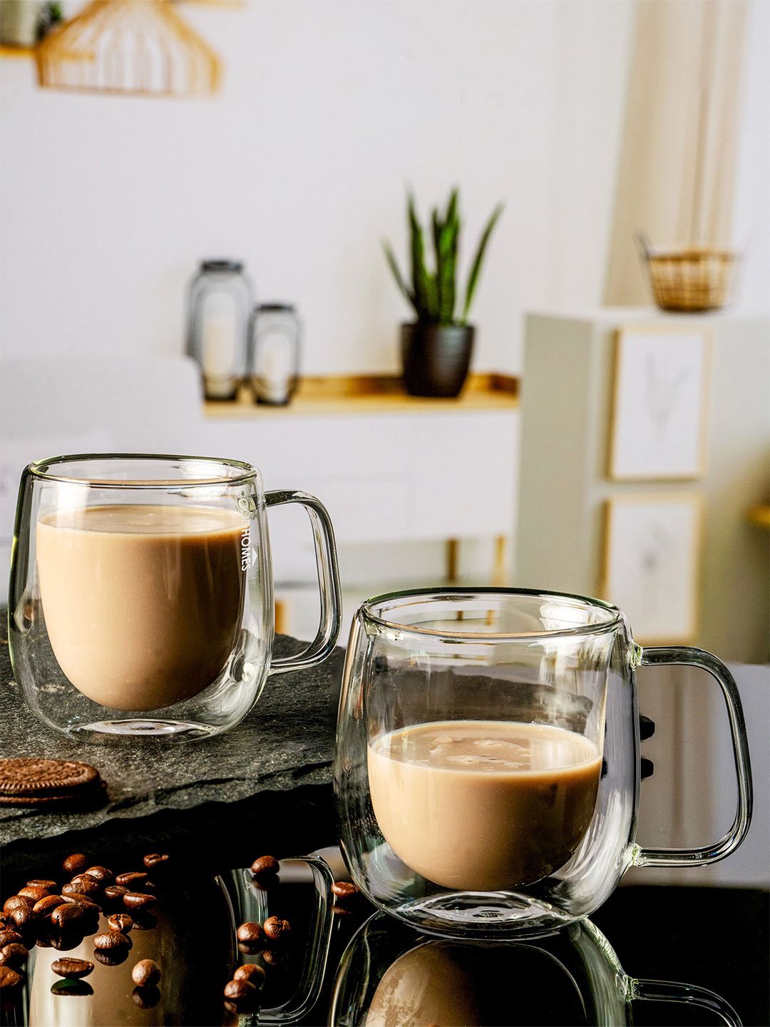 GOODHOMES Transparent Set of 2 Natural Elements Dishwasher Safe Glass Mugs 250ml