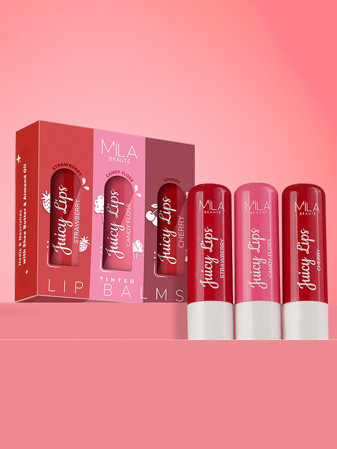 MILA BEAUTE Set Of 3 Juicy Lips Lip Balm With - 4g Each-Strawberry, Candy Floss-Cherry