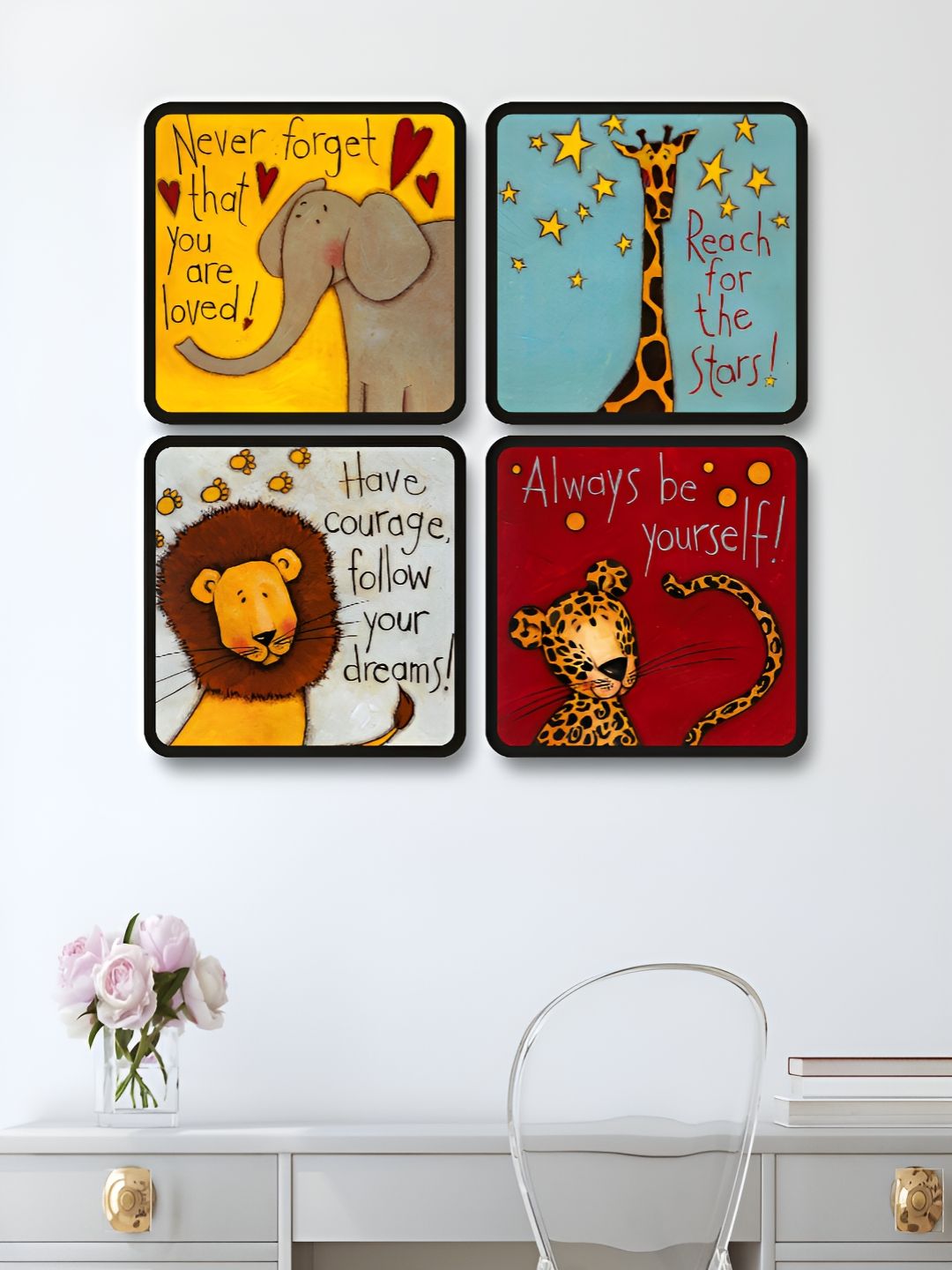 Myntra Elegant Homes Myntra Elegant Homes Yellow And Red 4 Piece Birds And Animals Wood Wall Art