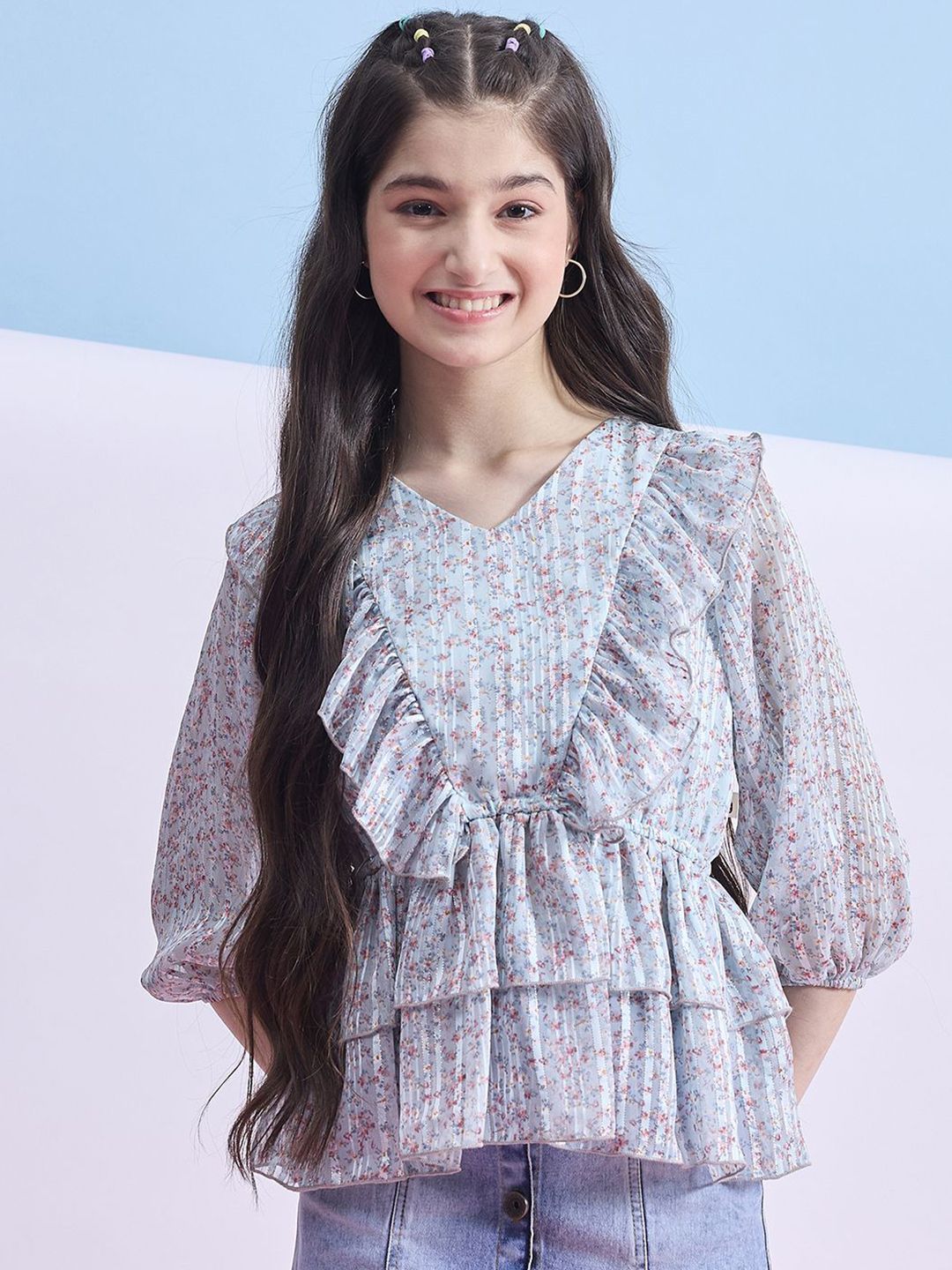 StyloBug Girls Floral Printed Ruffles Puff Sleeve Top