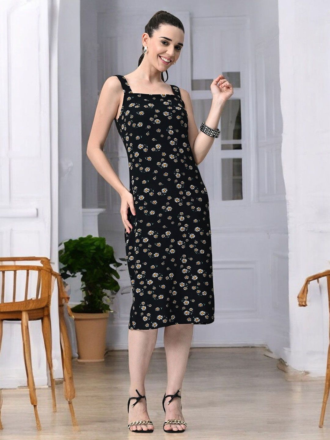 BAESD Floral Printed Shoulder Straps Sheath Dress