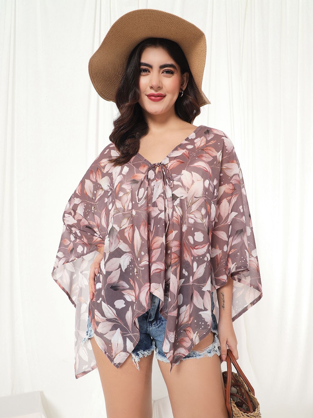 TANDUL Women Floral Printed V-Neck Tie-Up Shrug
