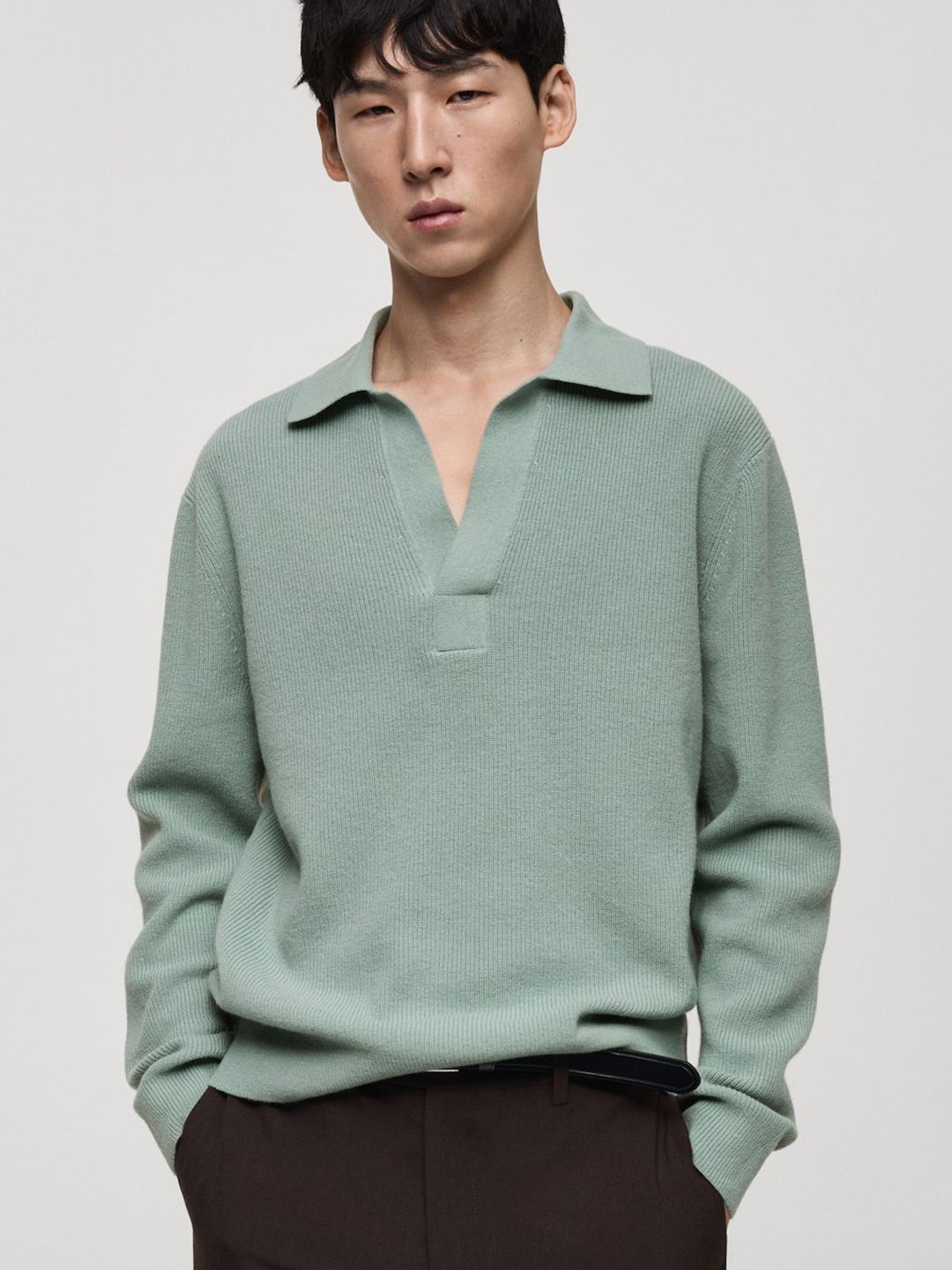 MANGO MAN Ribbed Shirt Collar  Drop-Shoulder Sleeves Relaxed Fit Pullover