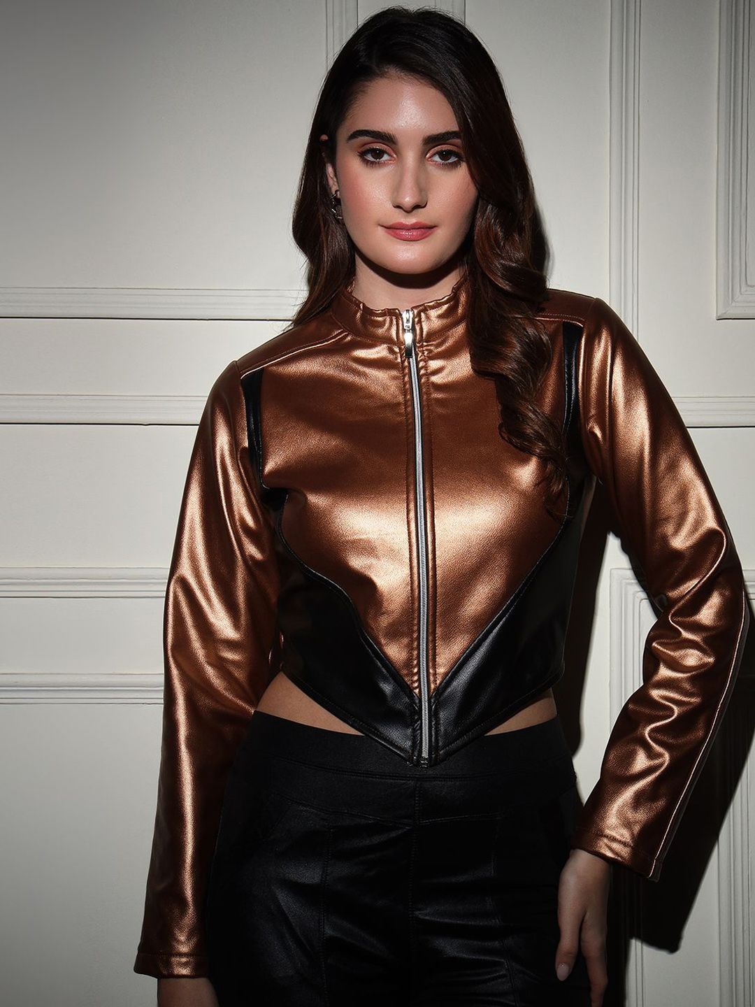BAESD Women Mock Collar Solid Casual Lightweight Leather Jacket