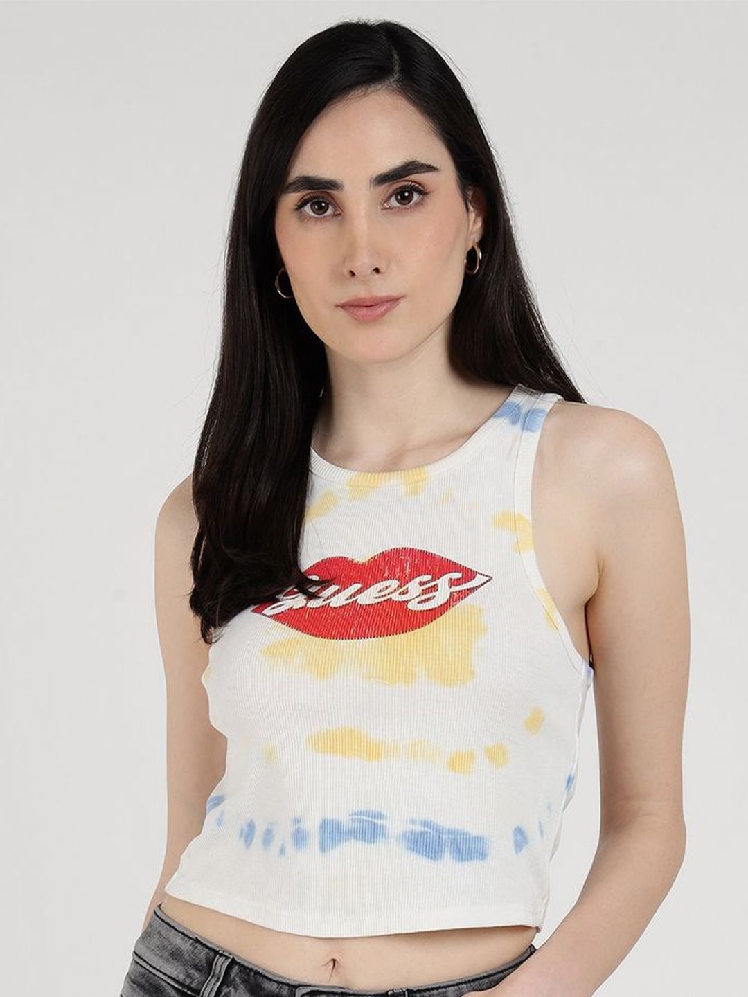 GUESS Women Printed Round Neck Crop Top