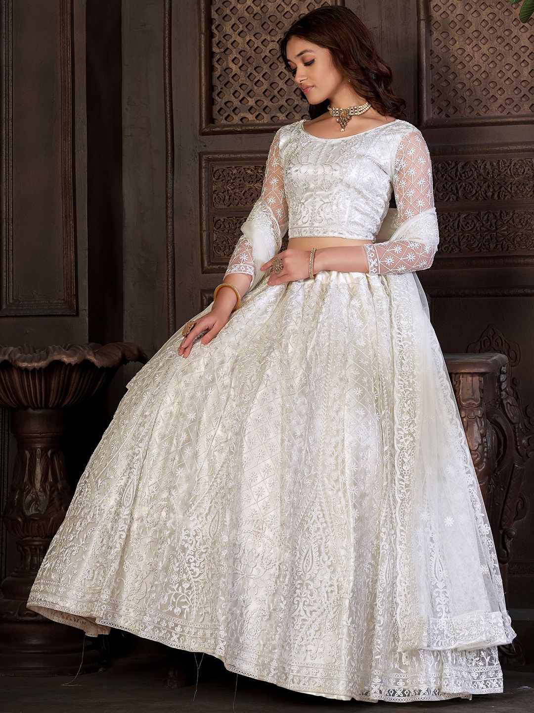 KALINI Embroidered Thread Work Semi-Stitched Lehenga & Unstitched Blouse With Dupatta