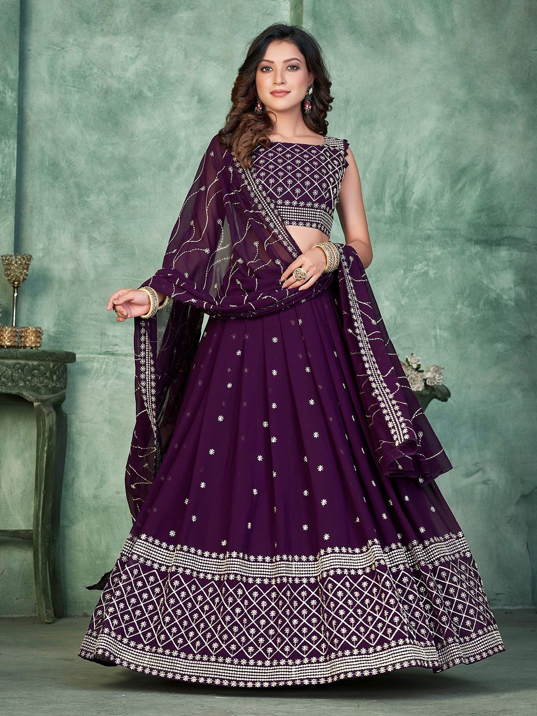 KALINI Embroidered Sequinned Semi-Stitched Lehenga & Unstitched Blouse With Dupatta