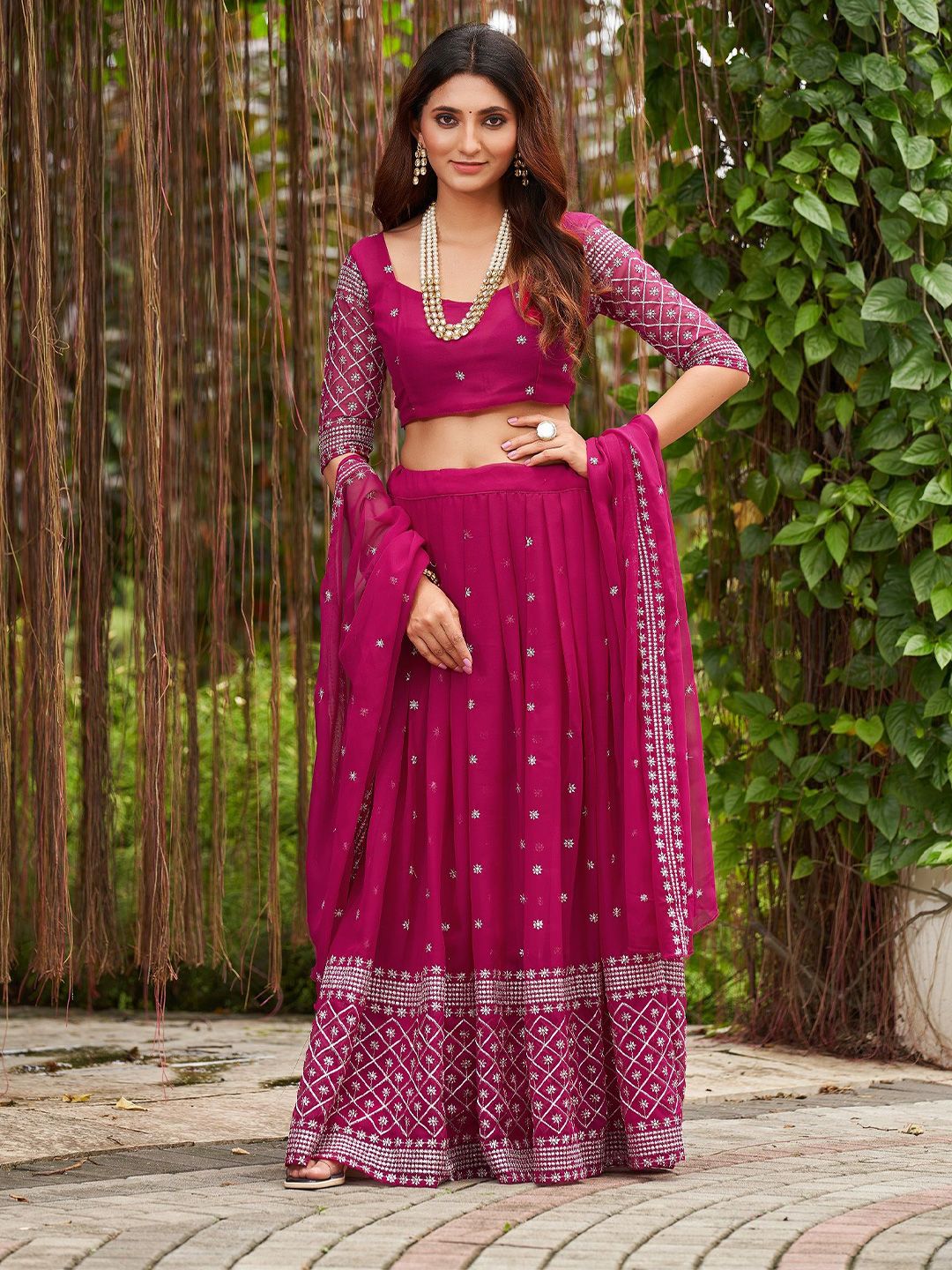 KALINI Embroidered Thread Work Semi-Stitched Lehenga & Unstitched Blouse With Dupatta
