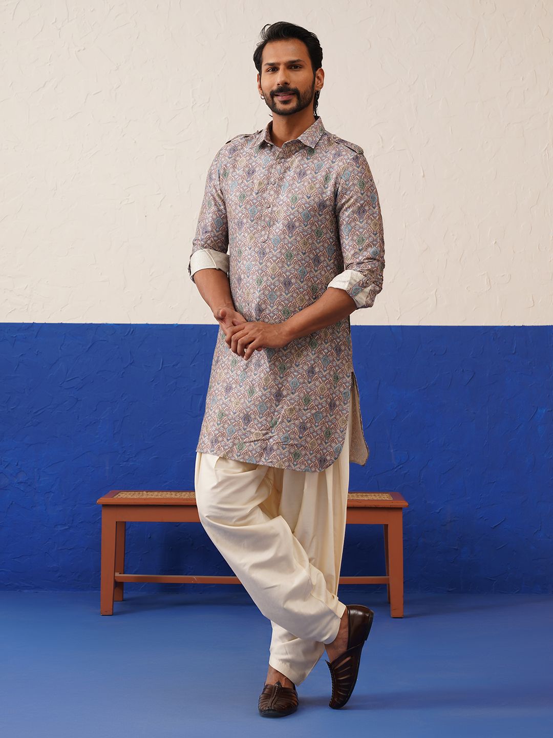 TheEthnic.Co Men Ethnic Motifs Printed Shirt Collar Cotton Straight Kurta