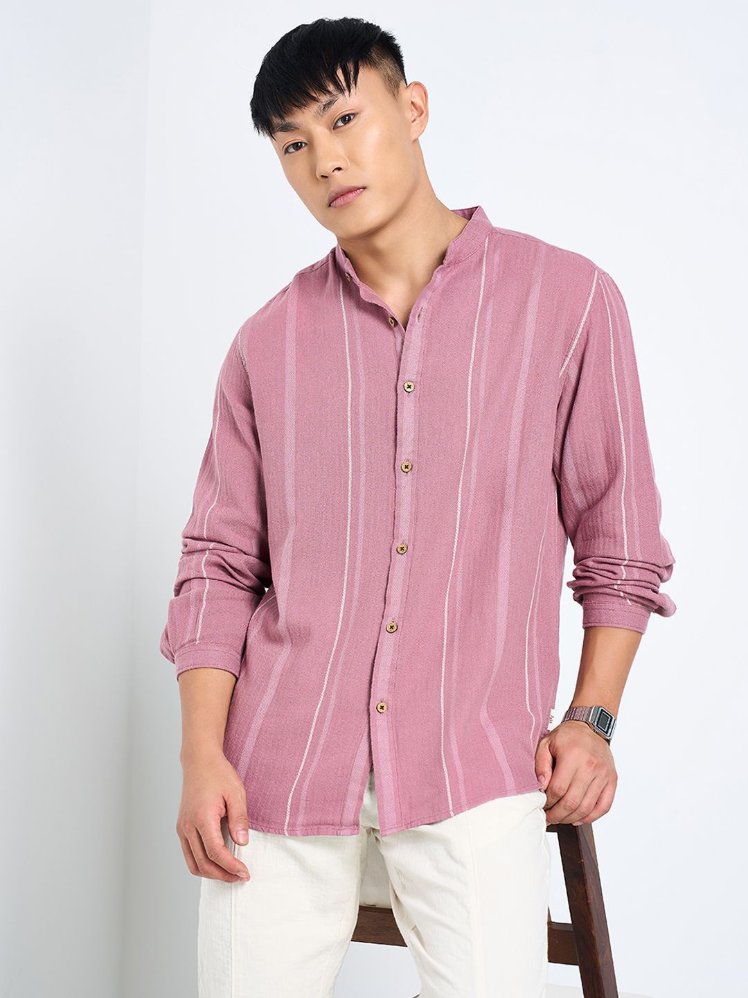 7 Alt by Pantaloons Men Relaxed Fit Band Collar Vertical Striped Cotton Casual Shirt