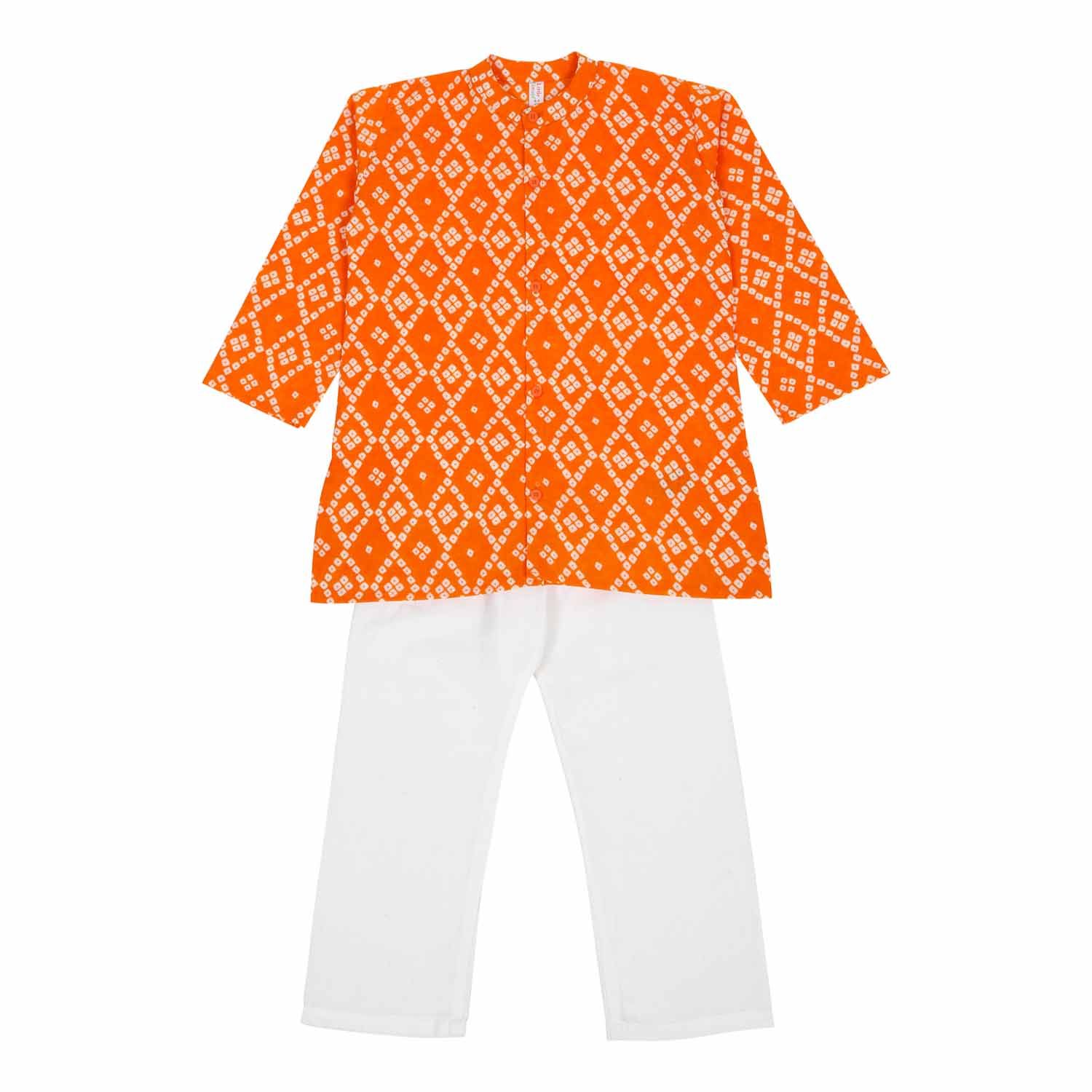 LITTLE GINNIE Boys Bandhani Printed Band Collar Straight Pure Cotton Kurta with Pyjamas