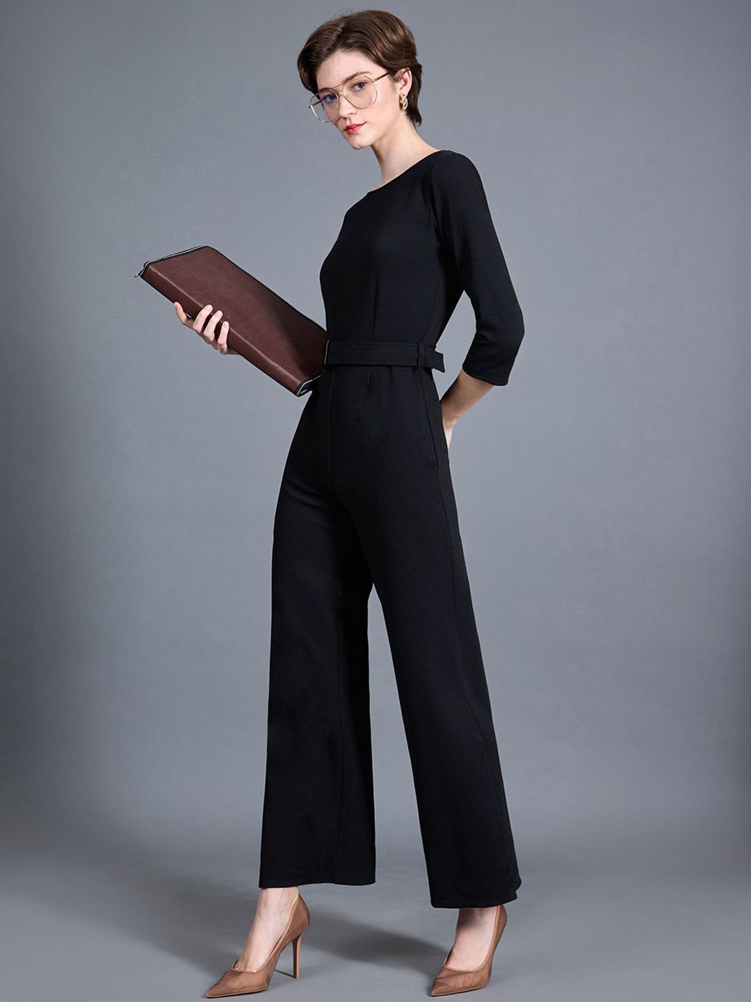 Miss Chase Women Solid Belted Wide leg Side Slit Maxi Formal Jumpsuit