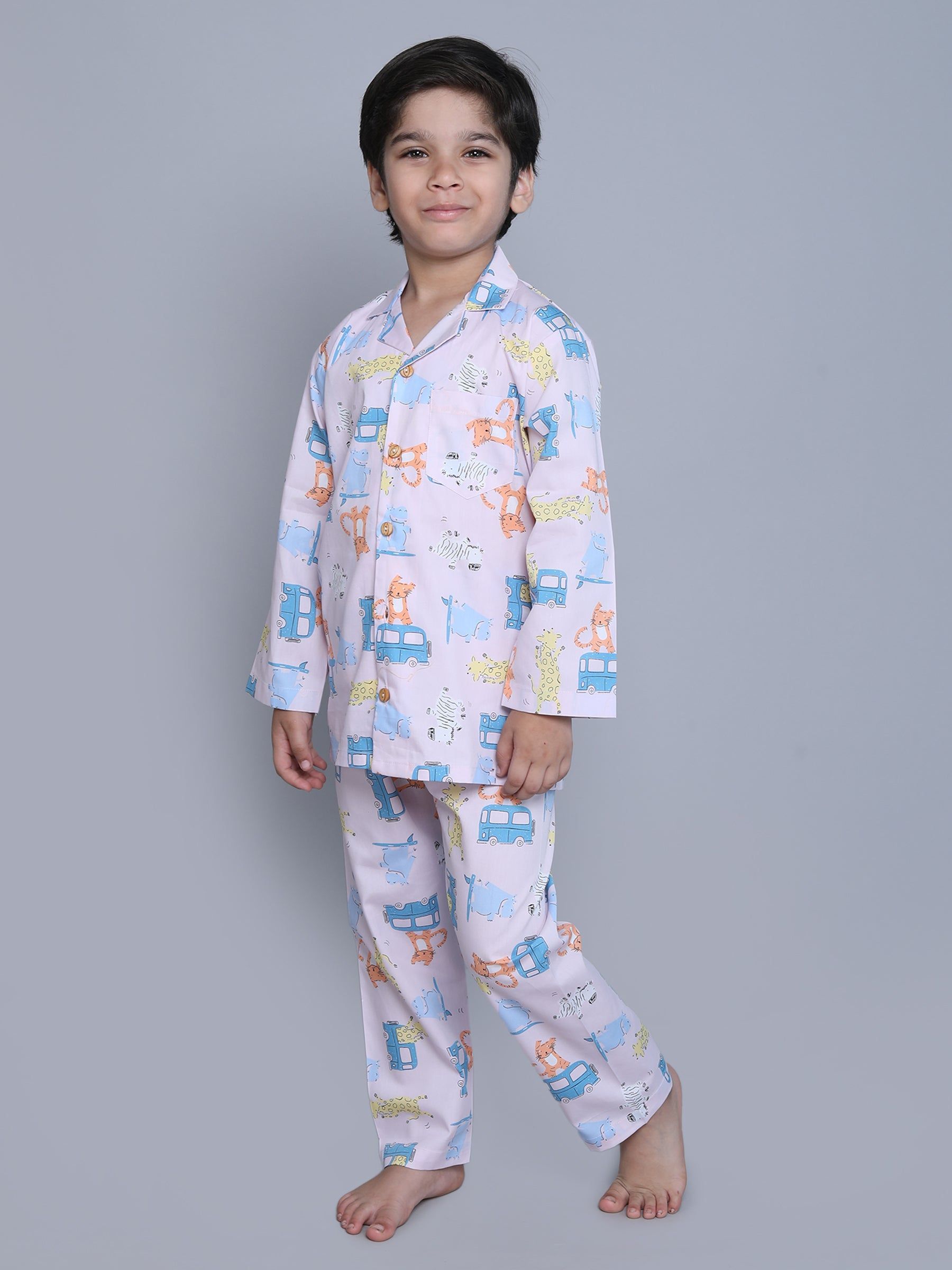 Little Clothings Kids Animal Printed Pure Cotton Shirt & Pyjamas Night Suits